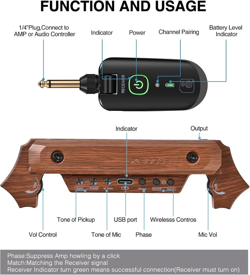SUNYIN Wireless Acoustic Guitar Pickup Rechargable Magnetic And Microphone Soundhole Pickup For Acoustic Guitar Build-In Volume Control(Wood Grain) - Image 2